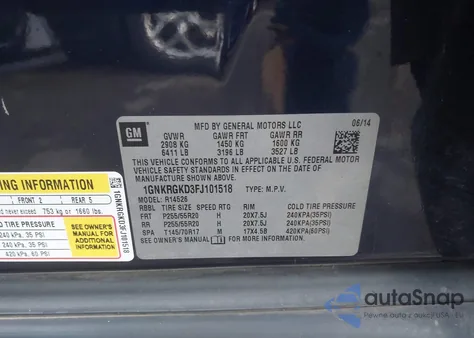 2015 Chevrolet Traverse 1Lt из США, поврежденный, VIN 1GNKRGKD3FJ101518